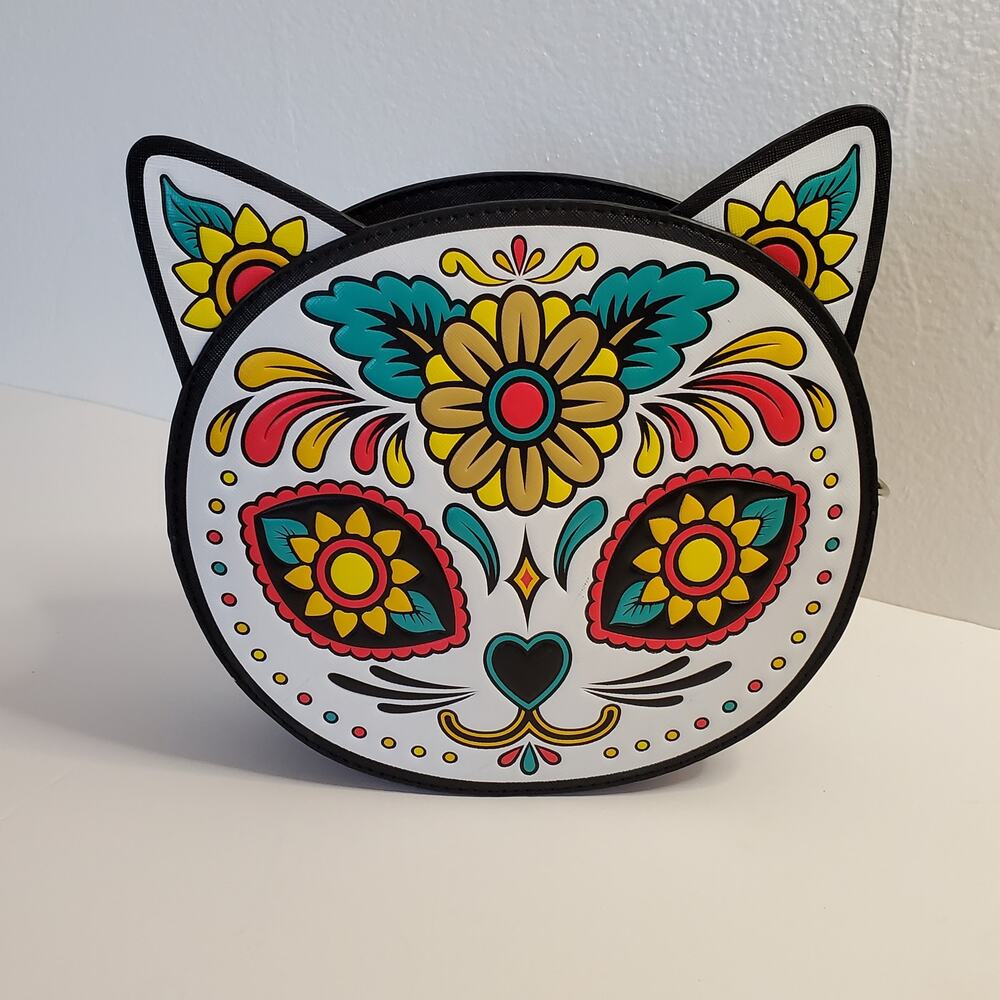 Mad Engine Cat Purse Sugar Skull Day of Dead Round Zipper 9.5 x 2.5 No Strap - Picture 16 of 16